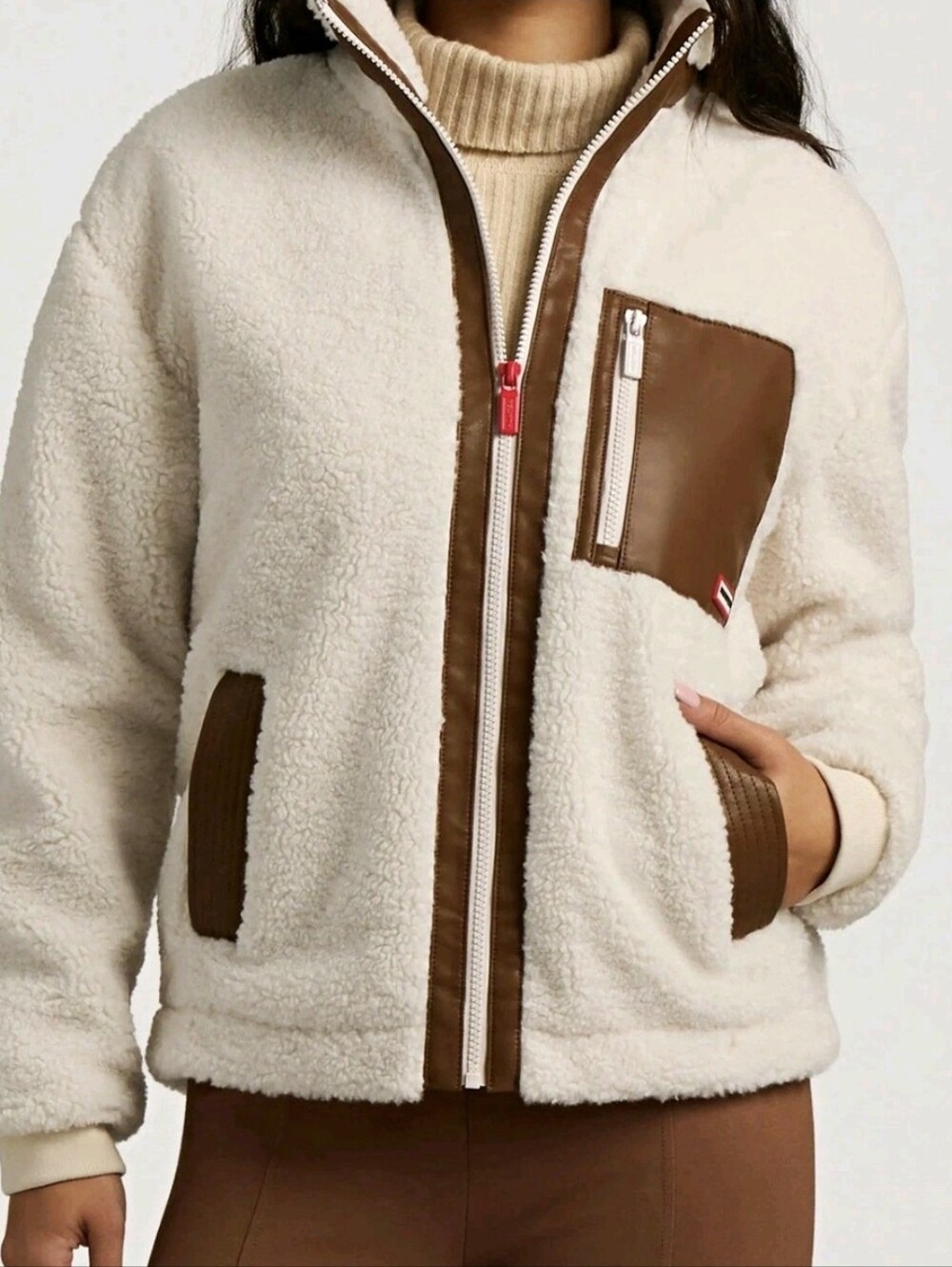 NWT Hunter Emma Cream Fleece Zip-Up Jacket with Brown Trim XL D8780HUL
